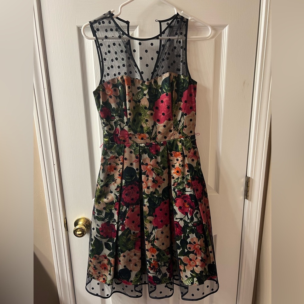 Eliza J Floral Dress with Black Sheet Overlay and Detachable Belt Size 2